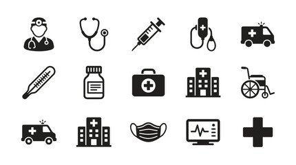 Healthcare Icons Set: Doctor, Stethoscope, Syringe, Ambulance, Hospital, Wheelchair, Mask © mas