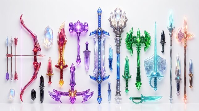An array of colorful fantasy crystal weapons, featuring swords, bows, axes, and staffs, glowing with magical energy.