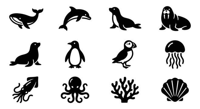 Set of ocean animal silhouettes: whale, dolphin, seals, walrus, penguin, puffin, jellyfish, squid, octopus, coral, clam
