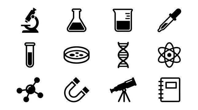 Science Icons: Microscope, DNA, Beaker, Pipette, Telescope, Magnet, Atom, Lab Equipment