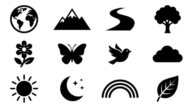 Nature Icons Set: Earth, Mountains, River, Tree, Flower, Butterfly, Bird, Cloud, Sun, Moon, Rainbow, Leaf