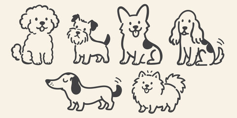 Fototapeta premium Cute Dog Breeds Doodle Set Hand Drawn Vector Illustration, Adorable Puppy Collection Featuring Poodle, Terrier, Corgi, Dachshund, Spaniel and Pomeranian, Minimal Pet Line Art Clipart