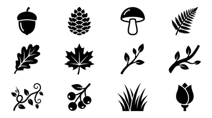 Nature Icons: Acorn, Pinecone, Mushroom, Fern, Leaves, Branches, Berries, Grass, Rose © mas