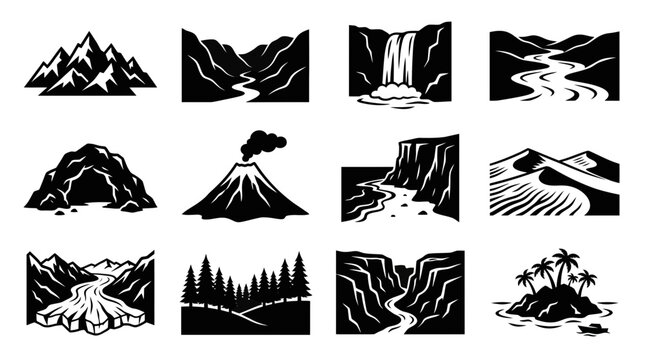 Diverse Landscape Icons: Mountains, Volcano, Waterfall, River, Canyon, Desert, Cave, Island