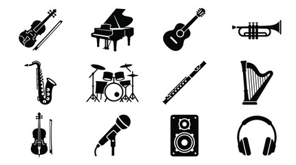Musical Instruments Icons Collection: Violin, Piano, Guitar, Trumpet, Saxophone, Drums, Flute, Harp © mas