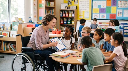 Obraz premium Inclusive classroom setting with a teacher in a wheelchair teaching diverse young students