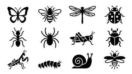 Collection of Insect Icons: Butterfly, Bee, Dragonfly, Ladybug, Ant, Spider, Grasshopper, Beetle, Mantis, Caterpillar, Snail © memen