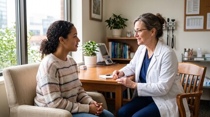Fototapeta premium Doctor consults with patient in office discussing health concerns and treatment options during medical appointment