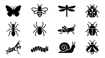 Collection of Insect Icons: Butterfly, Bee, Dragonfly, Ladybug, Ant, Spider, Grasshopper, Beetle, Mantis, Caterpillar, Snail © memen