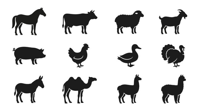 Farm Animal Silhouettes Collection: Horse, Cow, Sheep, Goat, Pig, Chicken, Duck, Turkey
