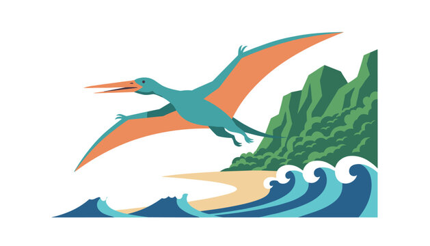 Large pterodactyl flying over crashing ocean waves near a lush beach with dense green jungle cliffs and sand.
