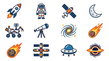 Space Icons: Rocket, Astronaut, Satellite, Moon, Mars Rover, Telescope, Galaxy, Comet, UFO, Black Hole © novi