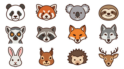 Cute Cartoon Animal Faces Set: Panda, Fox, Koala, Sloth, Raccoon, Wolf, Deer, Bunny © novi