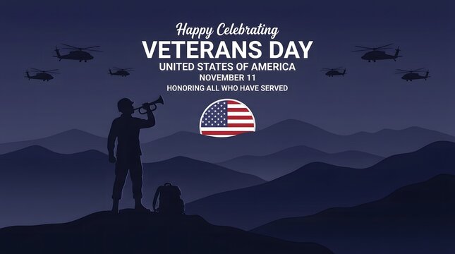 Veterans Day Illustration with Military Bugler Silhouette and USA Badge