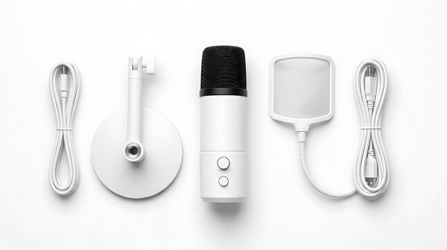 High Quality White USB Microphone With Stand And Pop Filter For Gaming Streaming And Podcasting On A Clean White Background