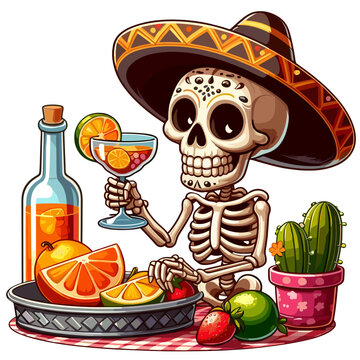 Mexican Skeleton in Sombrero Toasting with Cocktail Glass at Table with Cactus Fruits and Bottle Vector Isolated on Transparent Background for Bar Menu, Mexican Restaurant Banner, Cocktail Part
