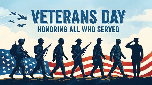 Veterans Day Banner Featuring Marching Soldier Silhouettes and USA Flag