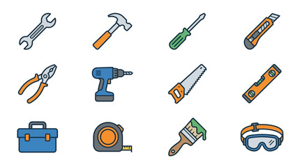 Obraz premium Set of colorful DIY and construction tools icons on white background