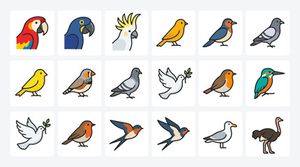 Colorful Bird Icons Collection: Parrots, Pigeons, Swallows, Robins, Kingfisher, Ostrich © Ojing