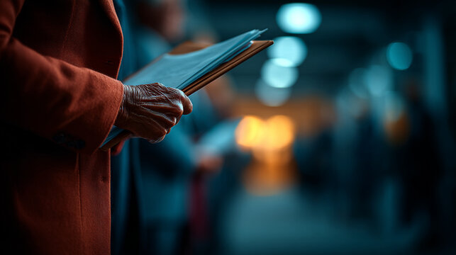 Close up of person hands holding file folder in dimly lit professional office