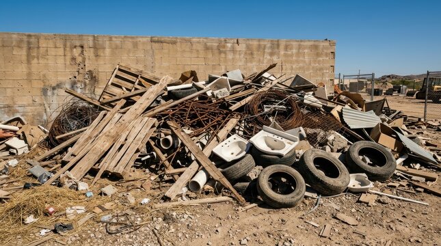 A large pile of construction debris and discarded household items