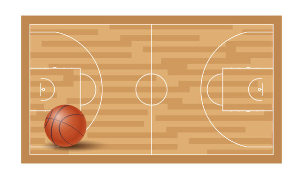 Basketball court floor top view showing texture and standard arena lines with ball and basket elements. View from above of gym floor with pitch dimensions, three-point lines, playing surface Vector