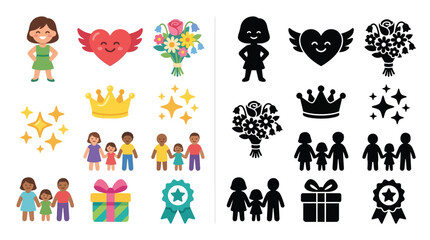 Fototapeta premium Collection of Icons Representing Family, Celebration, and Love in Both Color and Silhouette.