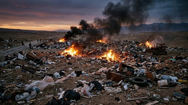 Burning waste dump in a desert landscape at sunset