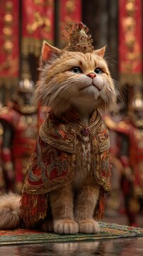 Majestic persian cat adorned in ornate golden imperial attire and crown, seated regally indoors