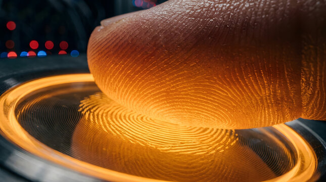 Fingerprint biometric scan for secure access. Human fingertip authentication on high-tech security sensor.