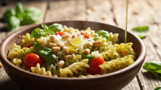 Pouring Extra Virgin Olive Oil on Fresh Fusilli Pasta with Pesto Sauce, Tomatoes and Pine Nuts