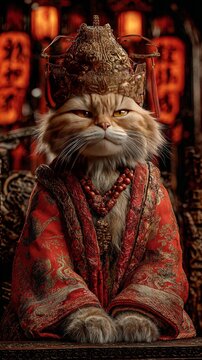 Majestic persian cat dressed as an ancient emperor wearing a golden crown and red robe with intricate patterns