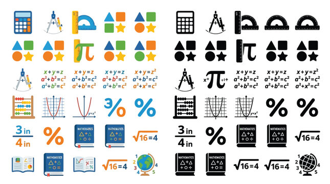 Collection of colorful and black and white math icons and symbols for education and learning.