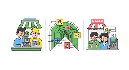 Naklejka premium Mobile Contactless Payment and QR Code Transaction Illustration