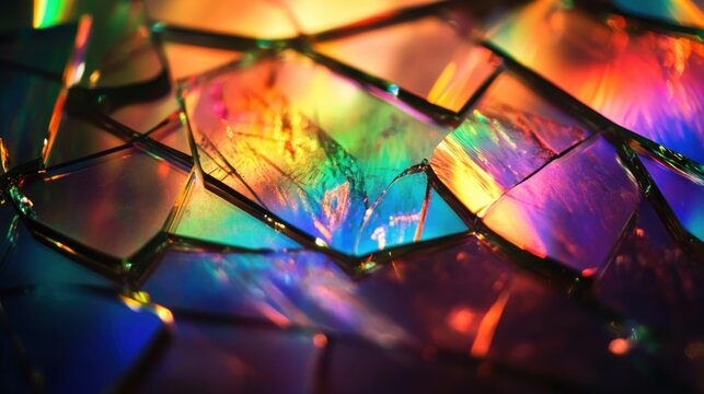 Broken glass shards with rainbow light refraction. Abstract colorful crystal prism background.