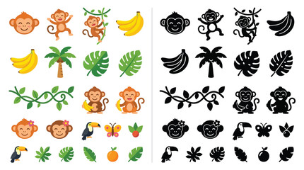 Collection of cute cartoon monkeys, bananas, tropical leaves, and jungle elements in color and silhouette. © Feldway
