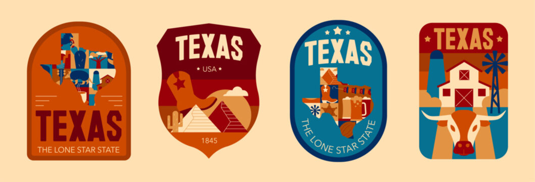 Retro Texas Geometric Badge Set, Colorful Flat Design Labels with Map, Text, Western Culture