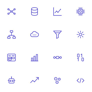 Data science and machine learning icon set. Neural net, database, analytics, ai chip, flowchart, cloud compute and more editable vector line icons.
