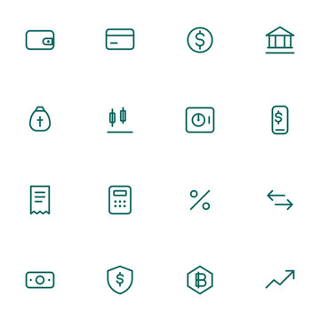 Finance and fintech icon set. Wallet, credit card, coin dollar, bank, money bag, candlestick and more editable vector line icons.