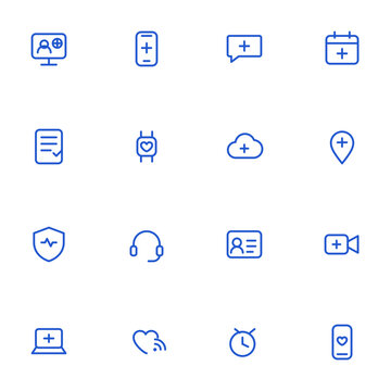 Telemedicine and telehealth icon set. Video consult, phone doctor, chat health, calendar appt, e prescription, smartwatch health and more editable vector line icons.