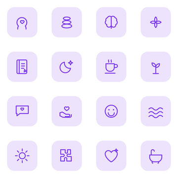 Mental health and wellbeing icon set. Head heart, zen balance, brain, lotus, journal, sleep moon and more editable vector duotone icons.
