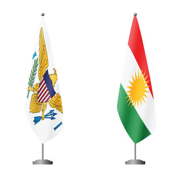 United States Virgin Islands and Kurdistan flags on flagpoles for official ceremonies and meetings, transparent background vector