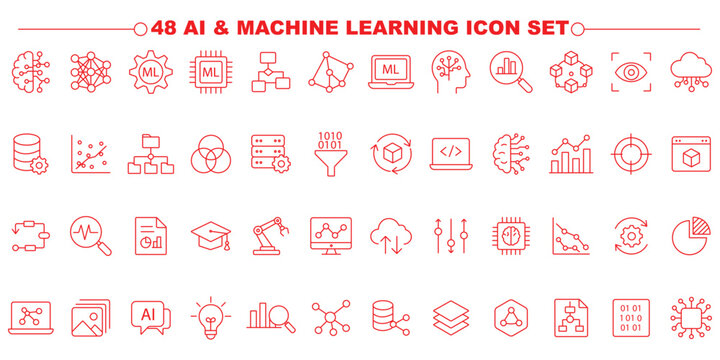 Quantum computing and artificial intelligence web icons in line style. Microchip, processor, circuitry, robotics, algorithm, hardware, software. Editable stroke. Vector illustration