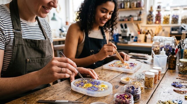 Women crafting botanical resin art in workshop