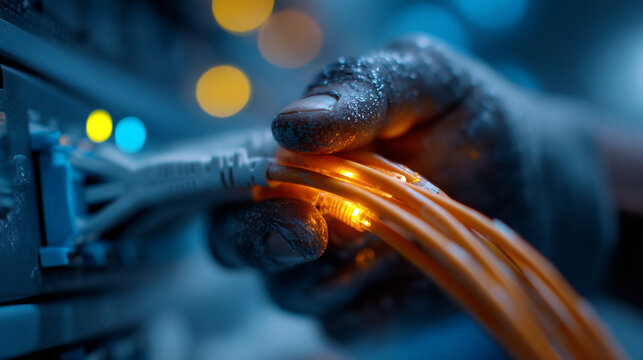 Technician hand connecting orange fiber optic cable to network equipment with internet
