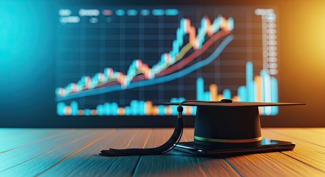 Academic Achievement and Financial Growth Concept with Graduation Cap and Stock Market Data Visualization