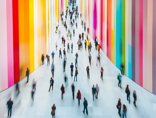 Obraz premium A bustling urban scene with a diverse crowd moving energetically through a colorful environment
