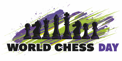 Chess Pieces Illustration With Brushstroke Background And Text Overlay © Raju