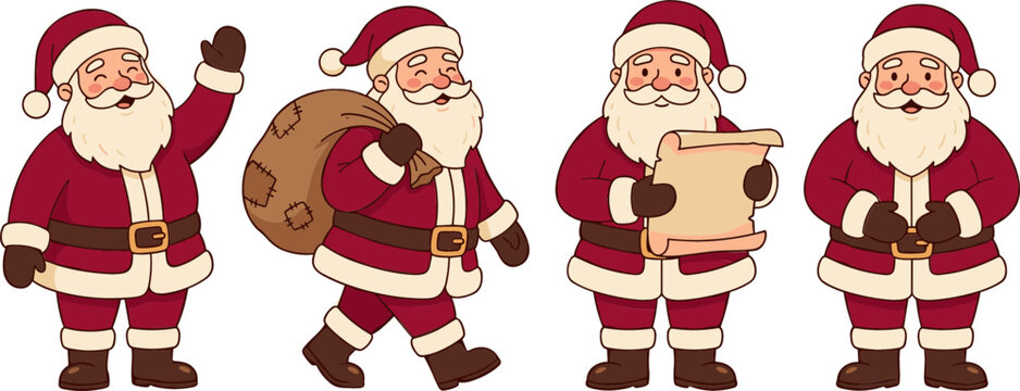 Cute Cartoon Santa Claus Character Vector Set in Various Poses Carrying Gift Sack Waving and Reading Wishlist for Christmas Graphic Designs