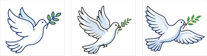 Fototapeta premium Peace-Dove Flying White Bird with Olive Branch Minimal Flat Vector Illustration Collection for International Peace Day Design